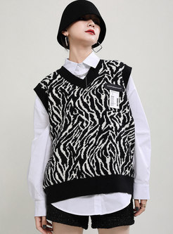 V-neck Sleeveless Animal Print Sweater Vest