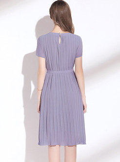 Purple Short Sleeve High Waisted A Line Pleated Dress