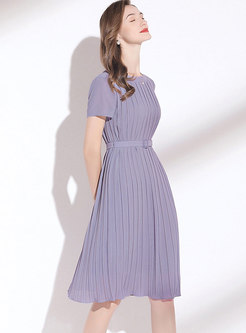 Purple Short Sleeve High Waisted A Line Pleated Dress
