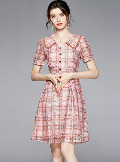 Pink Lapel Plaid A Line Knee-length Dress