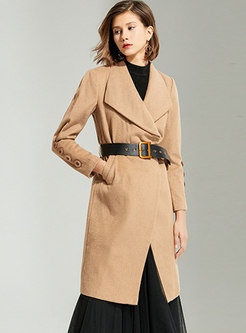 Khaki Lapel Straight Knee-length Wool Blend Coat