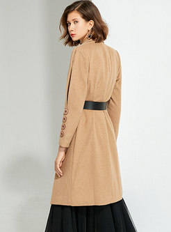 Khaki Lapel Straight Knee-length Wool Blend Coat