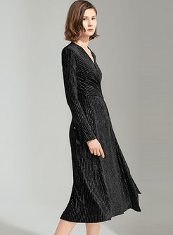 Black Long Sleeve Striped Velvet Wrap Midi Dress