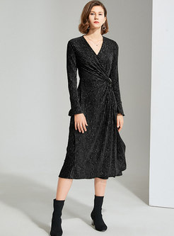 Black Long Sleeve Striped Velvet Wrap Midi Dress