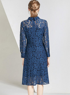 Blue Long Sleeve Openwork Lace Midi Dress