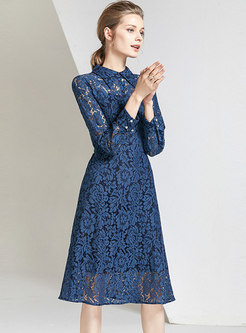 Blue Long Sleeve Openwork Lace Midi Dress