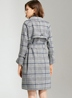 Lapel Plaid Double-breasted Knee-length Trench Coat
