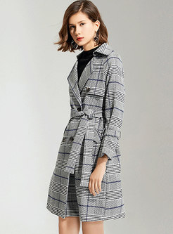 Lapel Plaid Double-breasted Knee-length Trench Coat
