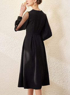 Black Polka Dot Mesh Patchwork A Line Midi Dress