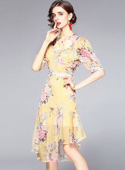 V-neck Short Sleeve Print Asymmetric Dress