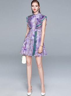 Mock Neck Purple Lace Patchwork Print Skater Dress