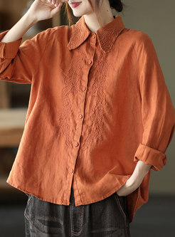 Turn-down Collar Embroidered Linen Blouse
