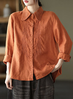 Turn-down Collar Embroidered Linen Blouse