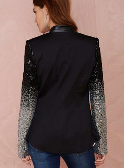 Black V-neck Long Sleeve Sequin Patchwork Blazer