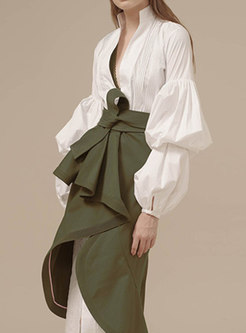 V-neck Lantern Sleeve Sheath Dress & Asymmetric Skirt