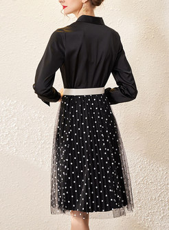 Black Polka Dot Mesh Patchwork Shirt Dress