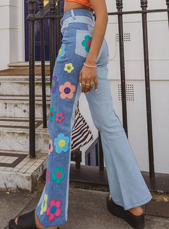 High Waisted Flowers Patch Flare Jeans