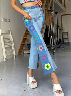 High Waisted Flowers Patch Flare Jeans