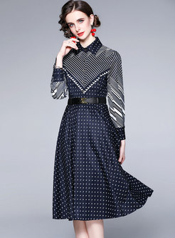 Turn-down Collar Geometric Print Midi Shirt Dress