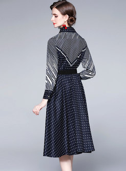 Turn-down Collar Geometric Print Midi Shirt Dress