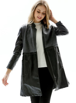 Mock Neck Color-blocked Patchwork PU Trench Coat