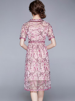 Pink Mesh Lace Embroidered A Line Dress