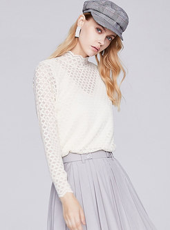 Mock Neck Openwork Lace Pullover Slim Knit Top