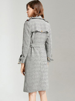 Lapel Color-blocked Plaid Double-breasted Trench Coat