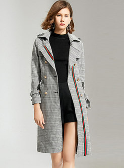 Lapel Color-blocked Plaid Double-breasted Trench Coat