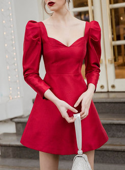 Red Puff Sleeve A Line Mini Cocktail Dress
