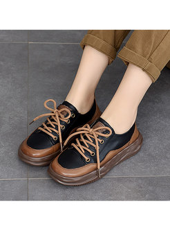 Rounded Toe Cowhide Leather Flat Sneakers