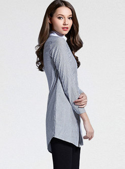 Mock Neck Long Sleeve Striped Single-breasted Blouse