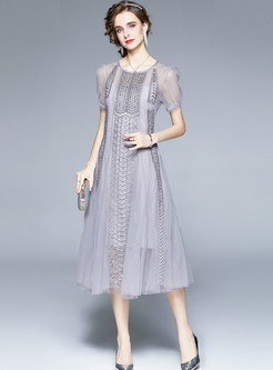 Puff Sleeve Mesh Embroidered A Line Bridesmaid Dress