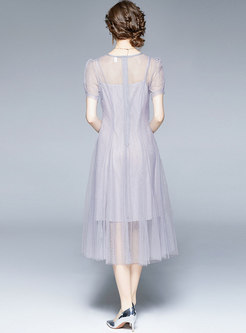 Puff Sleeve Mesh Embroidered A Line Bridesmaid Dress