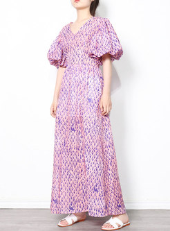 Boho V-neck Puff Sleeve Print Maxi Dress