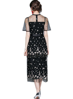 Black Mesh Embroidered A Line Layered Dress