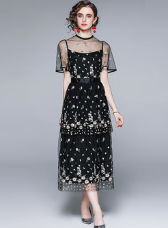 Black Mesh Embroidered A Line Layered Dress