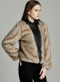 Lapel PU Patchwork Short Faux Fur Coat