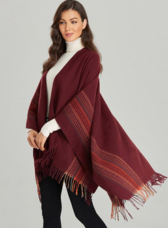 Wine Red Fringed Striped Faux Cashmere Shawl