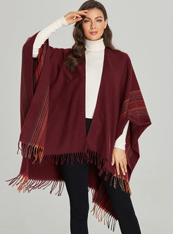 Wine Red Fringed Striped Faux Cashmere Shawl