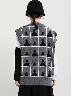Deep V-neck Grey Plaid Pullover Sweater Vest