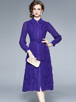 Purple Turn-down Collar Ruffle Chiffon Midi Dress