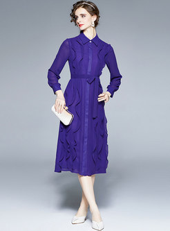 Purple Turn-down Collar Ruffle Chiffon Midi Dress