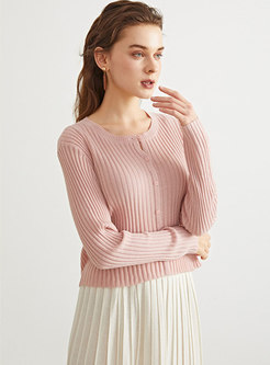 Pink Crew Neck Ribbed Single-breasted Cardigan