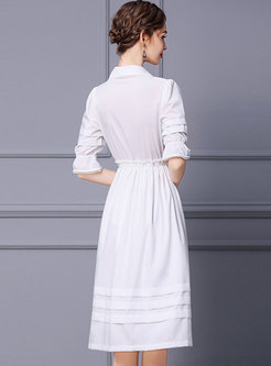 Half Sleeve High Waisted A Line White Shirt Dress