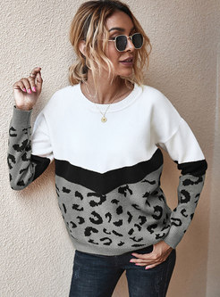 Color-blocked Leopard Print Pullover Sweater
