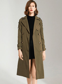 Green Lapel Double-breasted Straight Trench Coat