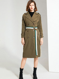 Green Lapel Double-breasted Straight Trench Coat