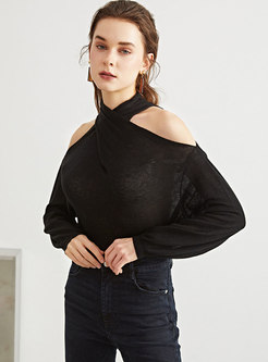 Black Halter Cold Shoulder Asymmetric Sweater