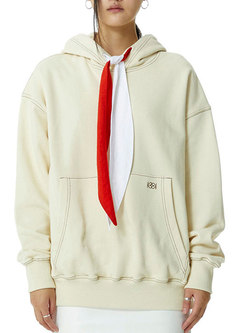 Color-blocked Ribbon Hooded Pullover Sweatshirt